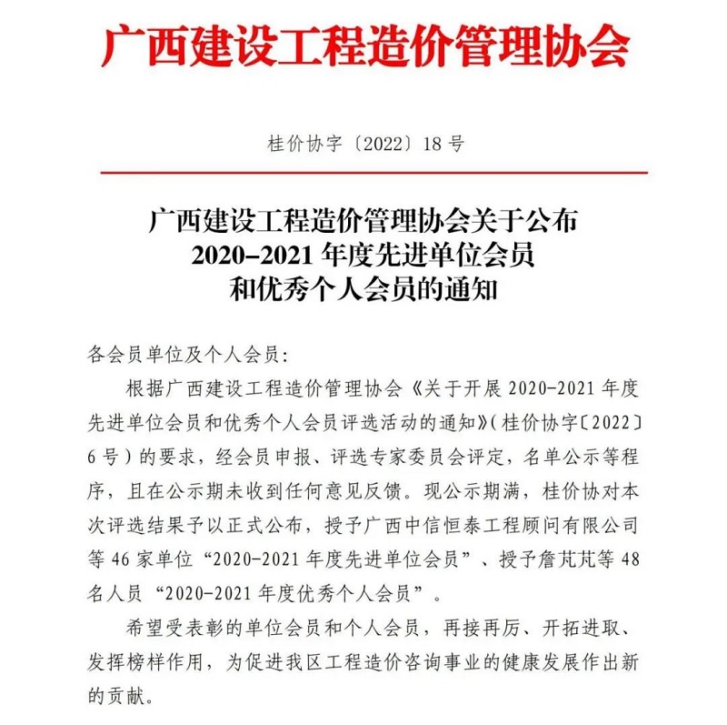 广西工程征询集团直属企业建信公司获评为广西建设工程造价治理协会2020-2021年度先进单元会员