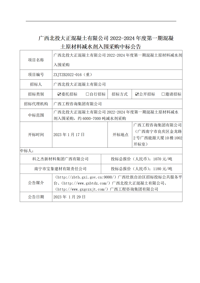 广西北投大正混凝土有限公司2022-2024年度第一期混凝土原资料减水剂入围采购中标布告