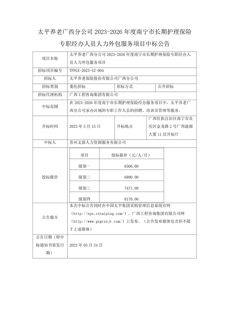 升平养老广西分公司2023-2026年度嘉峪关市持久护理保险专职经办人员人力表包服务项目中标布告